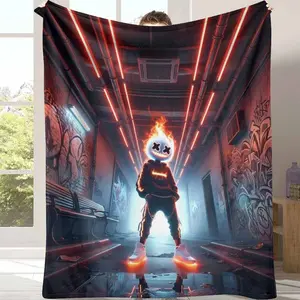 Urban Flame Head Flannel Blanket Neon Street Graffiti Print Design Soft Cozy Warm Lightweight Stylish Home Decor for Bedroom Living Room Lounge Gaming Area Gift Usage