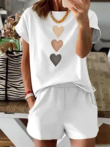 Women's  Heart Print Tee & Elastic Waist Shorts Set, Casual Short Sleeve T-shirt & Pocket Track Shorts, Summer Outfits Clothes Set for Ladies Outdoor Sports