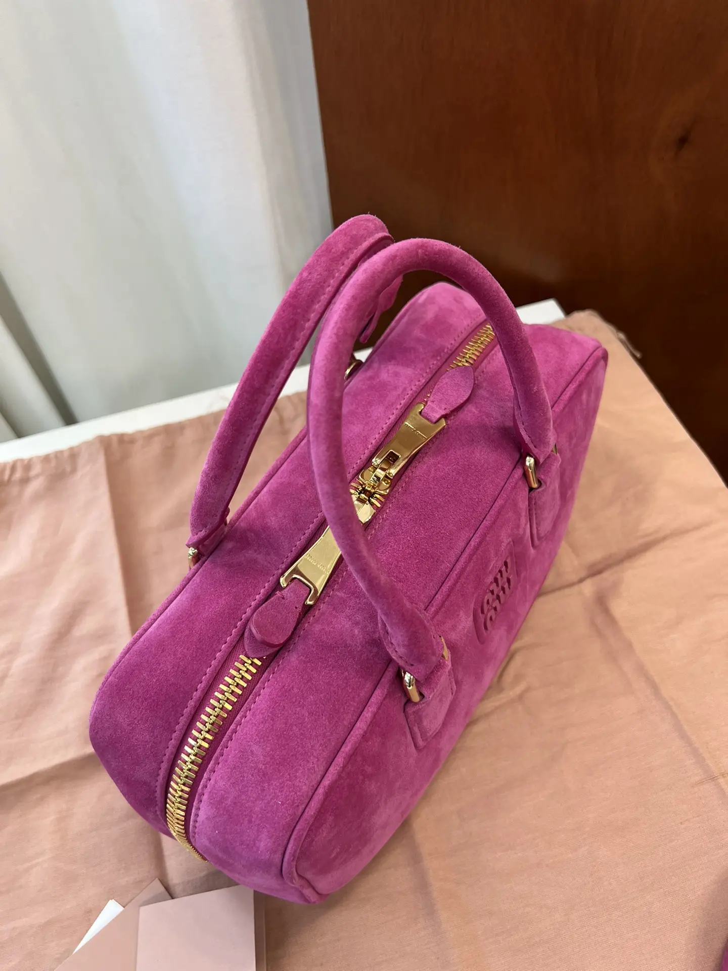 Pre-owned miu miu Calf Leather Tote Bags Pink Suede Padded Arcadie 