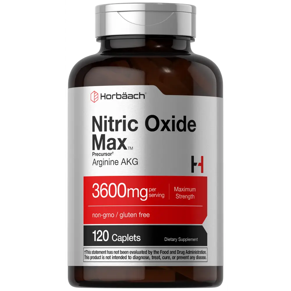 Horbäach Nitric Oxide Max 3600mg | 120 Caplets | with Arginine AAKG for Men and Women | Vegetarian, Non-GMO, & Gluten Free Pre Workout Supplement