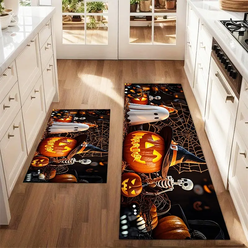 2Pcs Halloween Terrifying Pumpkin Ghosts Skeleton Dead Branches Spider Web Floor Mat Set Farmhouse Kitchen Carpet Restaurant Floor Laundry Room Decor Carpet Mat, Home Decor Rugs, Decorative Rug, Rug Sets