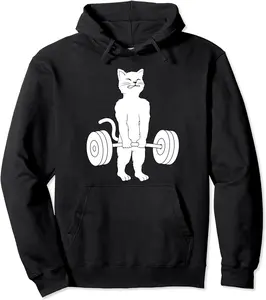 Cat Deadlift Hoodie - Powerlifting Kitty Sweater, Muscle Cat Pullover Hoodie