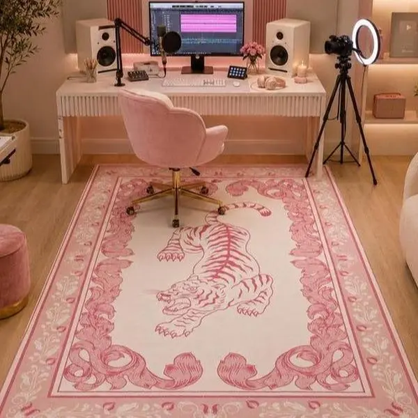 Hand-Tufted Pink Tiger Wool Rug, Vintage Inspired Statement Carpet