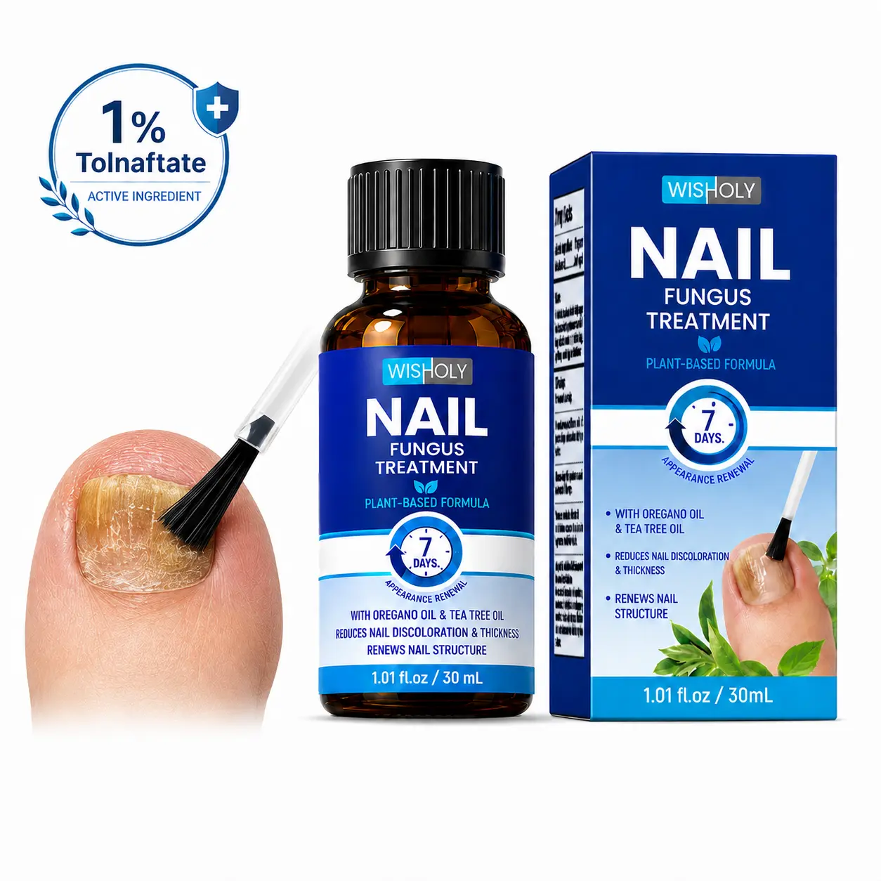 Wisholy 1% Tolnaftate Plant-Based Nail Solution, Gentle Care for Thick & Brittle Nails, 1.01 Fl Oz - Hongos en las uñas