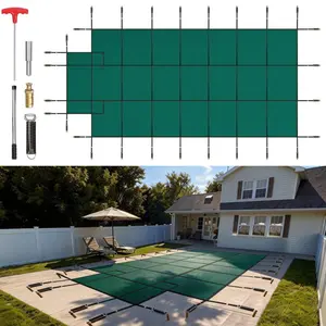 fathersdaygift VEVOR Pool Safety Cover Fits 16x32ft Rectangle Inground Pools, Safety Pool Cover with 4x10ft Center End Step, Mesh Solid Pool Cover with Drainage Holes for Swimming Pool, Winter Safety Cover, Green