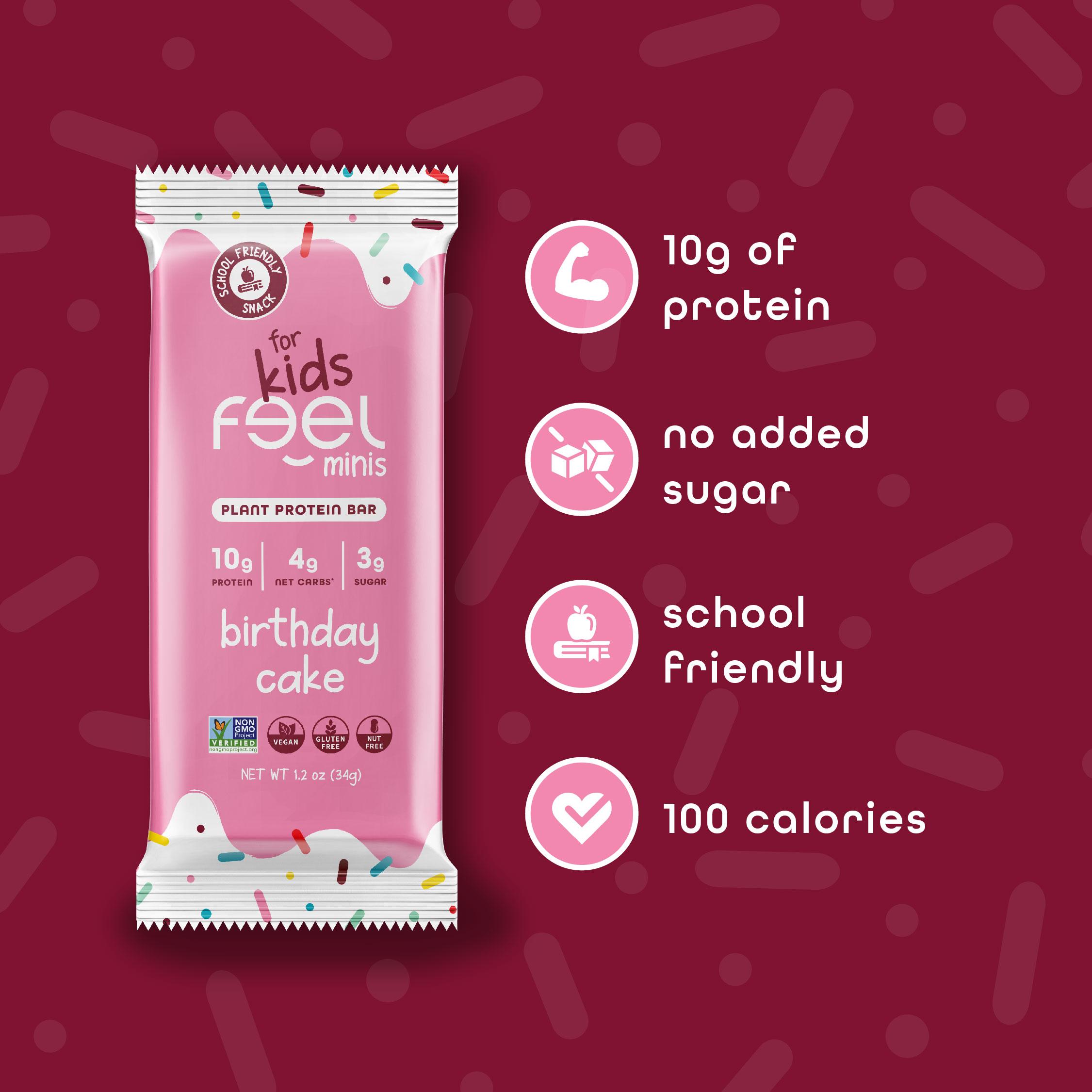 Feel Minis – Protein Bars for Kids | Birthday Cake – 12 Pack | Mom Approved | School Snack | No Added Sugar | + Daily Veggies | Gluten Free, No Nuts, No Soy, No Dairy, No Grains