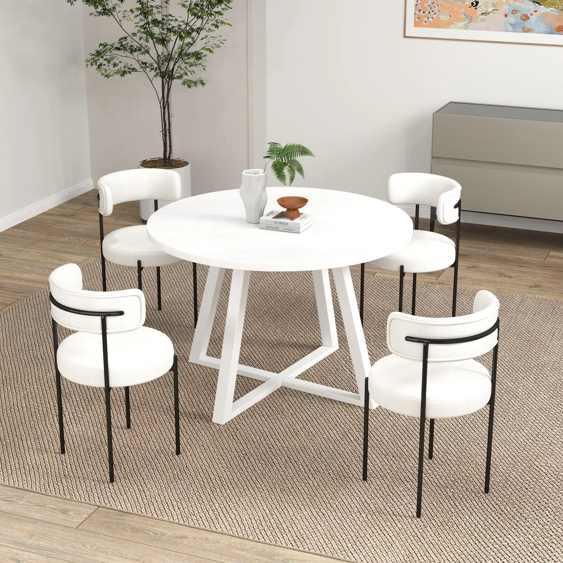 Durban 5-Piece Round Dining Set, Trestle Dining Table with 4 Boucle Chairs