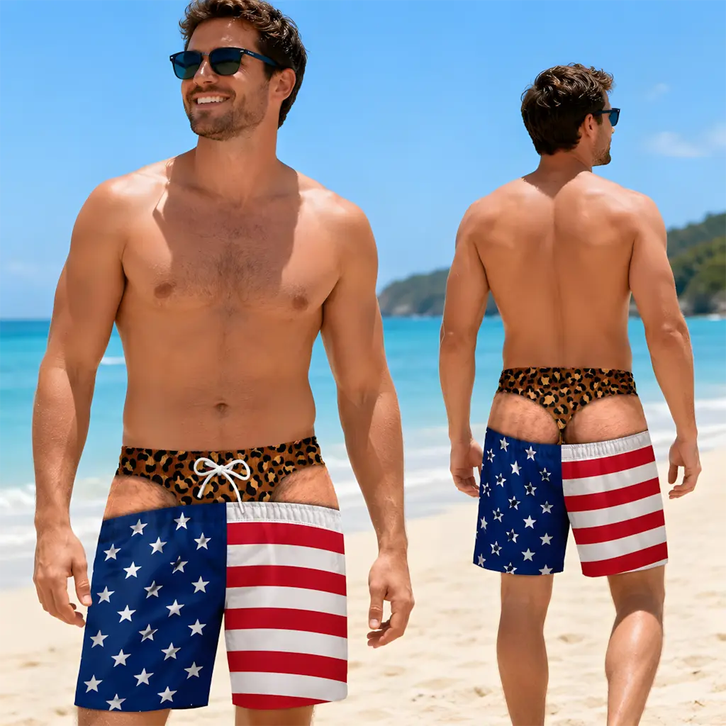 Men's Novelty Patriotic Swim Trunks - American Flag Freedom & Chill Quick Dry Beach Shorts with Pockets - Funny 3D Ugly Summer Hawaiian Short Vacation Pool Party Prank Gag Gifts for Him