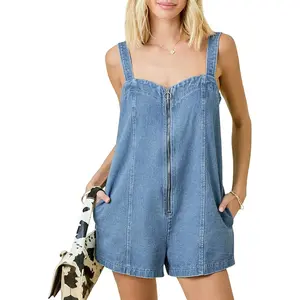 PHISOCKAT Denim Overall Shorts for Women Zip-Front Loose Fit Overalls Adjustable Straps Jean Romper With Pockets Summer 2026