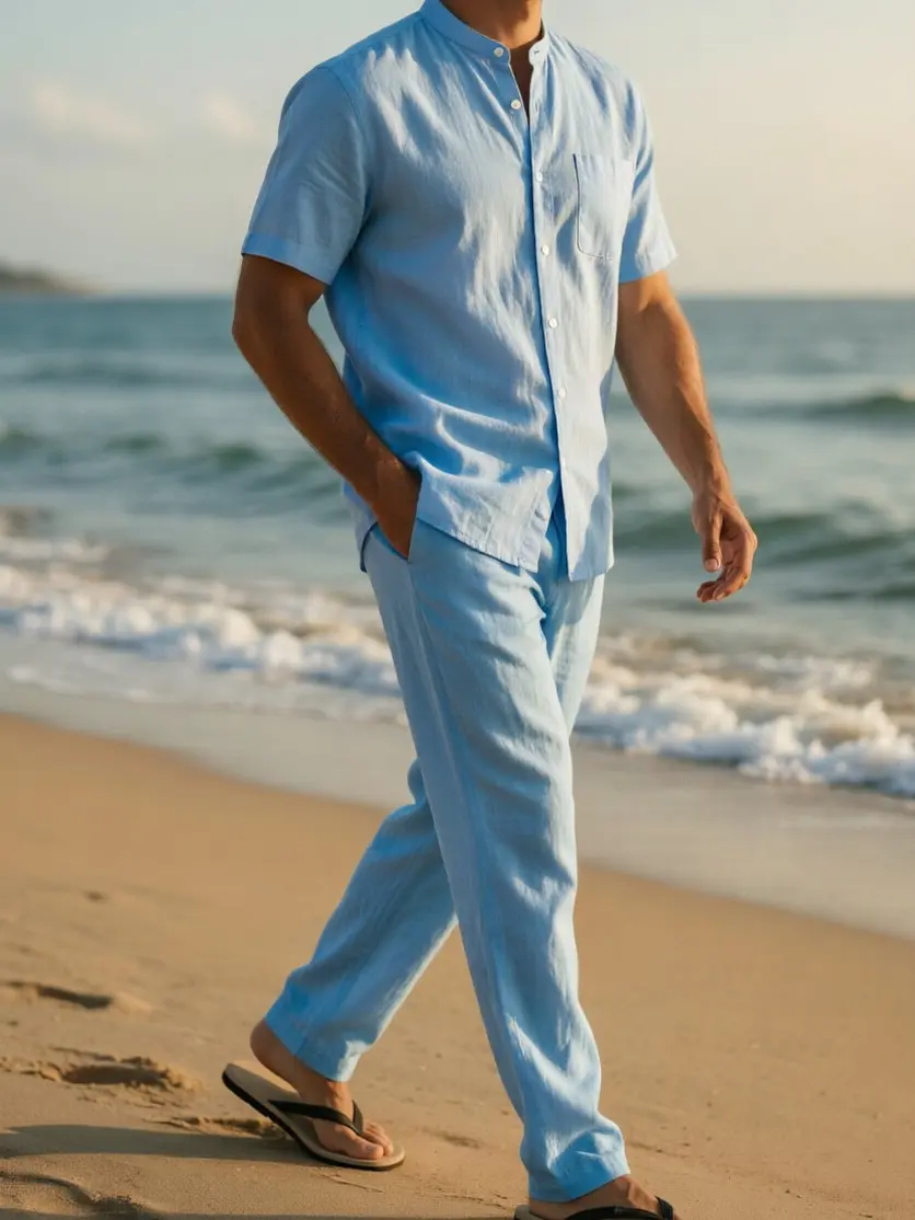 Men’s 2-Piece Linen Blend Short Sleeve Shirt and Long Pants Set – Casual Button-Down Top with Chest Pocket & Matching Drawstring Pants for Beach Vacations & Everyday Wear (Light Blue, White, Black, Khaki, Gray)