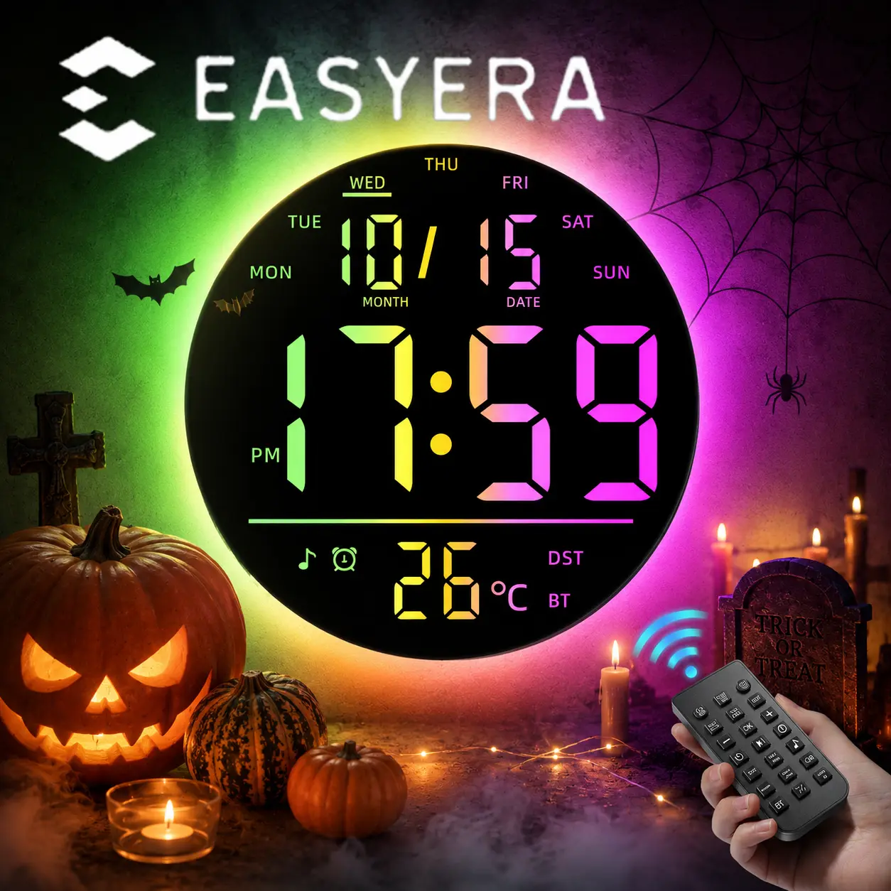 EASYERA 10" Large Circle Digital Wall Clock with Remote Control, Music-Sync, Round clock with RGB Atmosphere Lights with 11 Scenes Mode, Dual Alarms, Timer Clock for ADHD, Focus Tool, Classroom, Game, Halloween Decor Auto Dst Adjustment