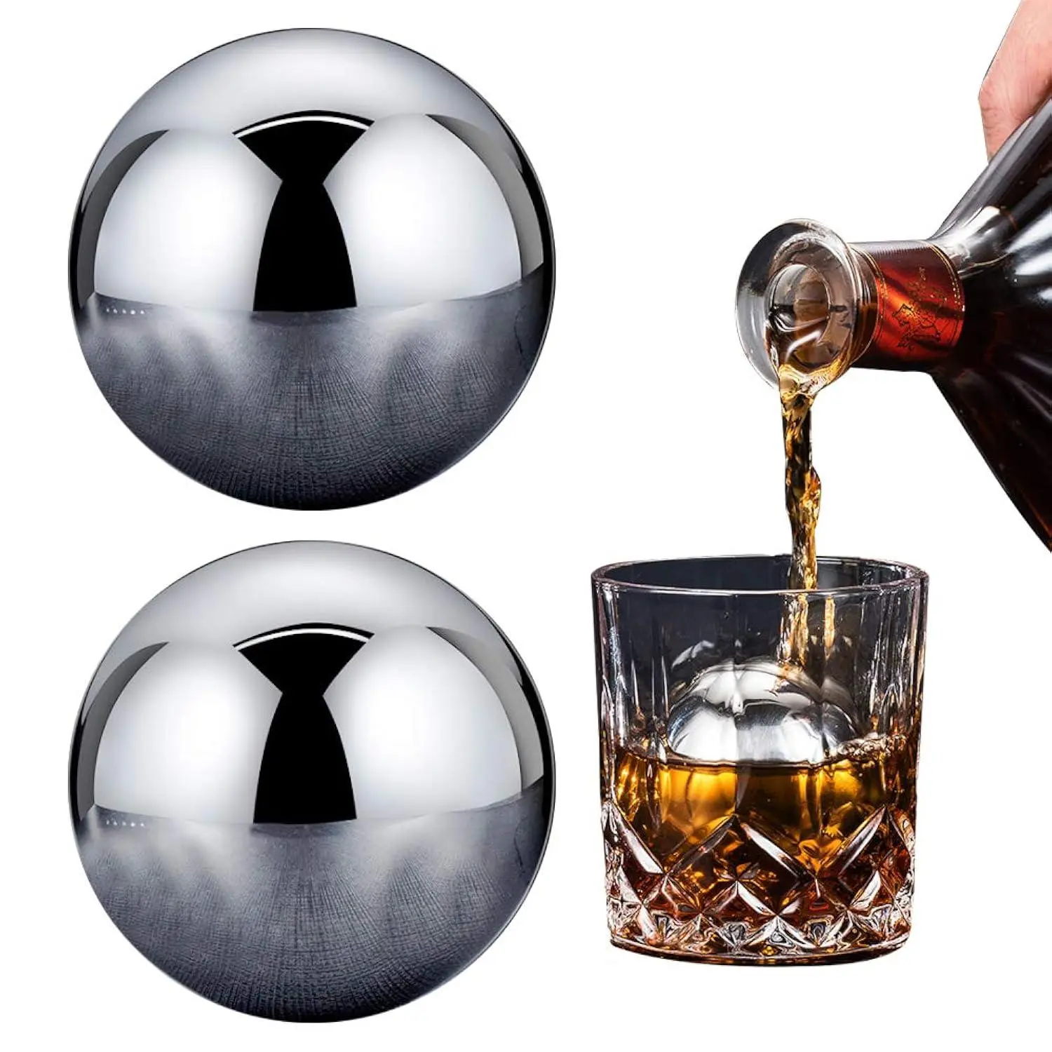 Whiskey Stones 2 Pcs Reusable Metal Ice Cube Large Stainless Steel Round Whiskey Balls Spherical Beverage Chilling Rocks Sphere Golf Ball Scotch Set For Red Wine Bar Beer Scotch Vodka Drinks(55Mm)