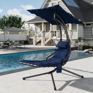 Relaxing Outdoor Hanging Chaise Lounge Swing Chair with Umbrella, Curved Steel Frame Hammock Lounger with Soft Cushion, Ideal for Patio Garden Poolside Backyard Porch,Blue