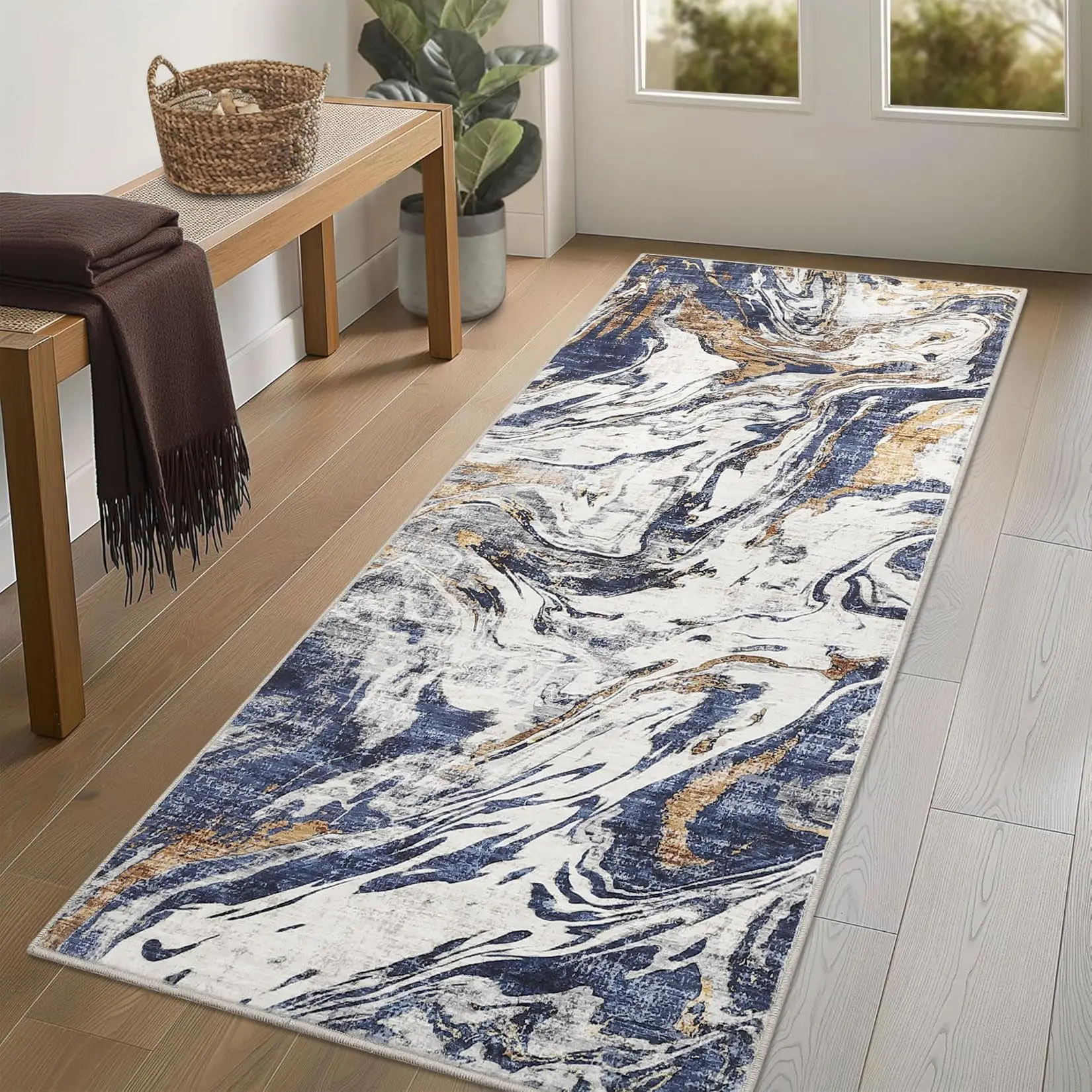 Modern Runner Rug 2x6 Machine Washable Rug, Non-Slip Abstract Floor Carpet, Low Pile Faux Wool Bedside Rug, Foldable Accent Rug for Entryway, Bathroom, Laundry Room, Bedroom, Blue
