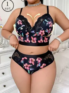Plus Size Women's Floral Printed Wireless Soft Comfortable Bra Panty Set with Adjustable Straps & Removable Padding Black Lace Briefs