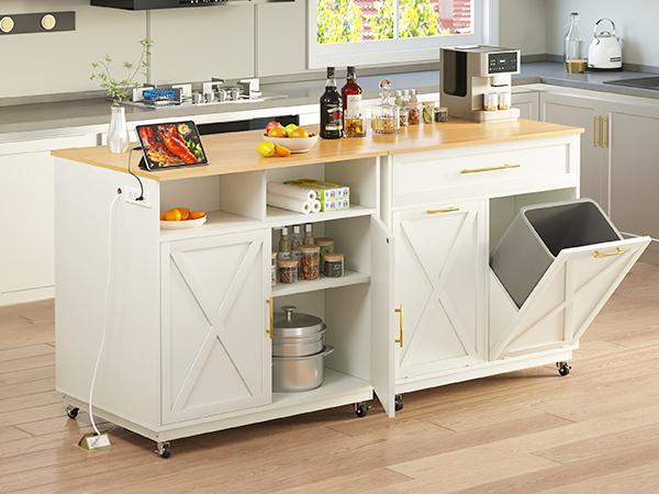 DWVO Square Kitchen Island with Double Tilt Out Trash Can Storage Cabinet, Rolling Portable Islands Table w Power Outlet Wheel Drawer Hidden 10 Gallon Garbage Bin Storage, White Oak
