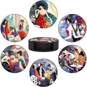Coasters Set of 6 - Oil Painting Art Style- PU Leather Coasters for Drinks with Holder -  Round Drink Coasters Set for  Decor and Housewarming