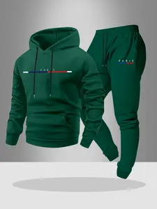 Men's Casual Hoodie Set, Letter Print Drawstring Sweatshirt + Jogger Pants, Fall & Winter Thick Knit Fabric, Fitted Style, 2 Piece Pack