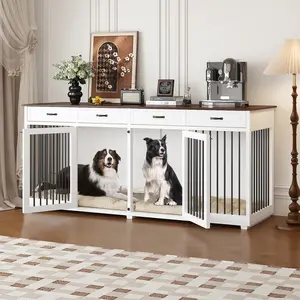 FUFU&GAGA Large Dog Crate Furniture, 86.6" Wooden Dog Crate Kennel with Drawers and Divider, Heavy Duty Dog Crates Cage Furniture
