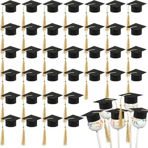 36pcs Mini Graduation Cap Lollipop Toppers Black Felt Graduation Hat with Tassels Mini Graduation Cap Lollipop Decor Cupcake Toppers for Class of 2025 Congrats Party Tiny Supplies Favors