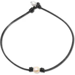 Pearl Black Leather Choker Necklace Genuine Leather Wrap Rope Pearl Choker Necklace Jewelry with 2.0mm Black Genuine Leather Cord 14 15 16 18 Inch