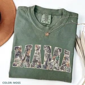 Comfort Colors Hunting Mama T-Shirt, Camo Mama Shirt, Mother's Day Gift, Camouflage Mama T-Shirt, Varsity Mama Shirt, Retro Mam Shirt