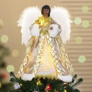 Christmas Tree Topper, Black Angel Tree Topper with Lights, Angel Topper for Christmas Tree with Remote Control & Timer, USB Lighted Christmas Decorations for Holiday  Indoor, Khaki