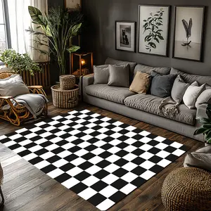 Black White Checkerboard Crystal Velvet Area Rug Non‑Slip Modern Living Room Rug#CheckerboardRug #ModernHomeDecor #BlackWhiteRug #GeometricPatternCarpet #CrystalVelvetRug