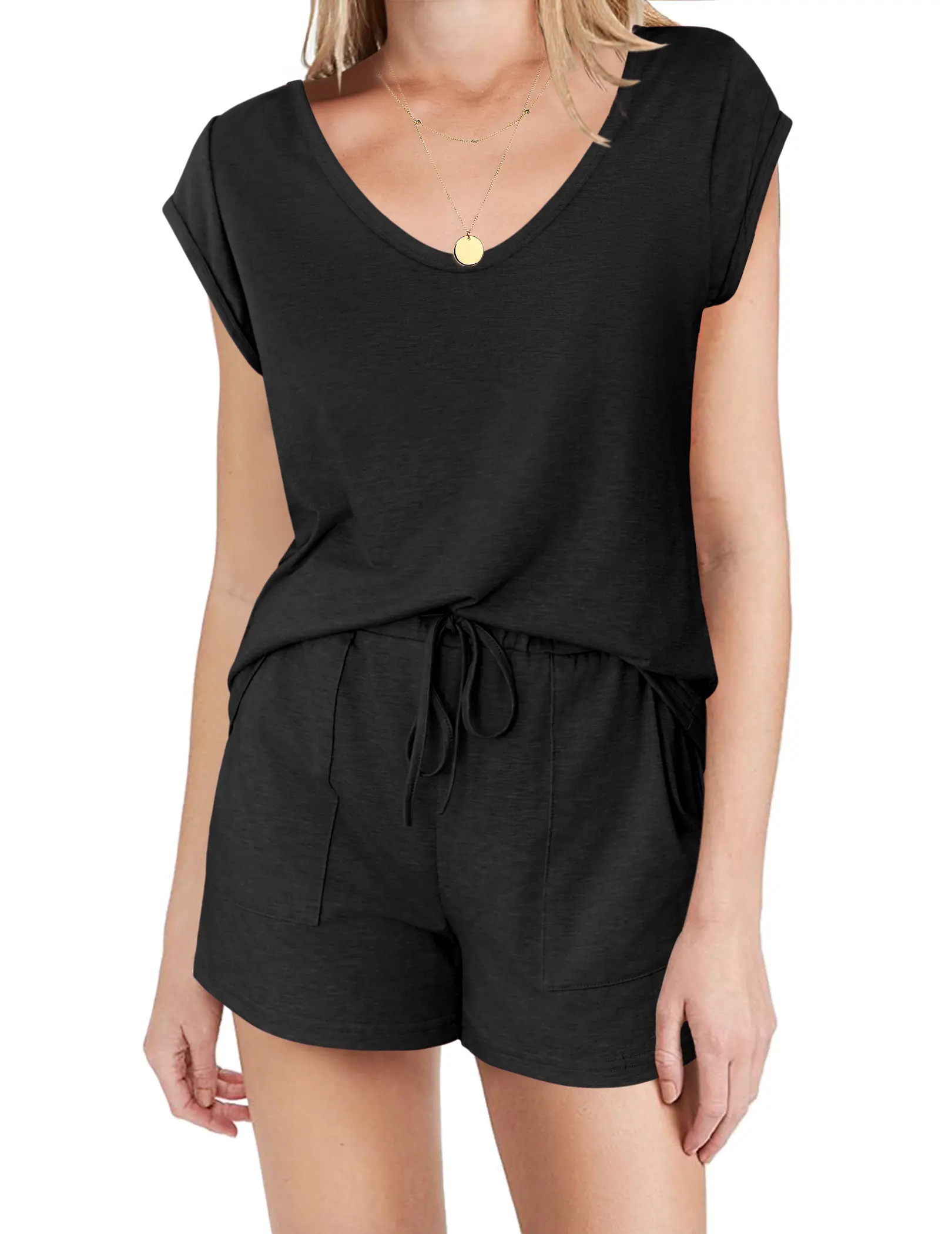 Ekouaer Women's 2-Piece Solid Pajama Set - Comfy Soft Knit V-Neck Cap Sleeve Pullover with Pockets, Elastic Drawstring Shorts, 76%Polyester+5%Spandex+19%Viscose, Machine Wash, All Seasons Loungewear Nightwear, Two-Piece