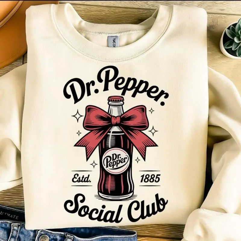 Dr Pepper Social Club Sweatshirt - Cream Color with Red Bow Design Est 1885 Comfortable Fit