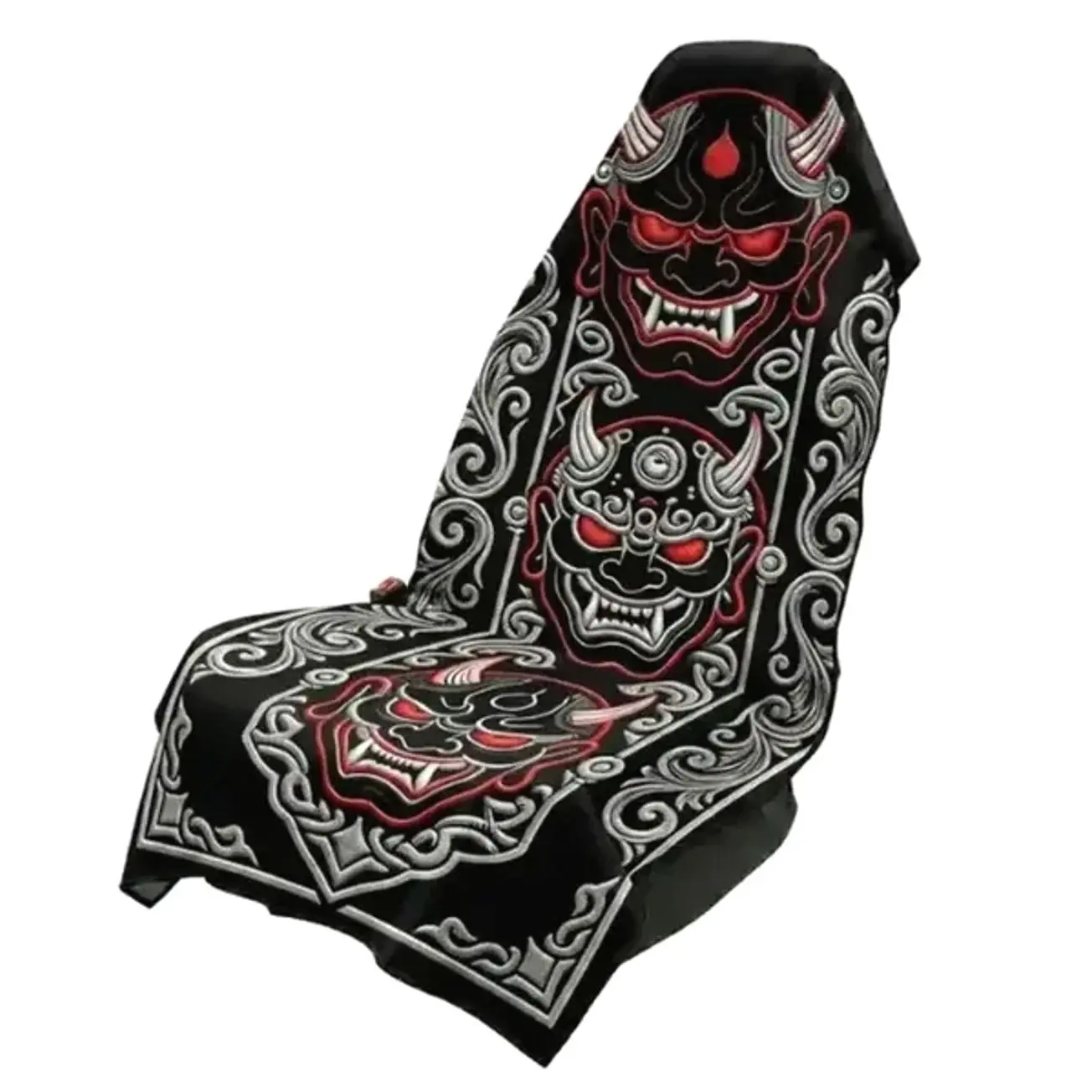 Japanese Hannya Mask Car Seat Cover, Red and Black Demon Oni Universal Front Seat Protector