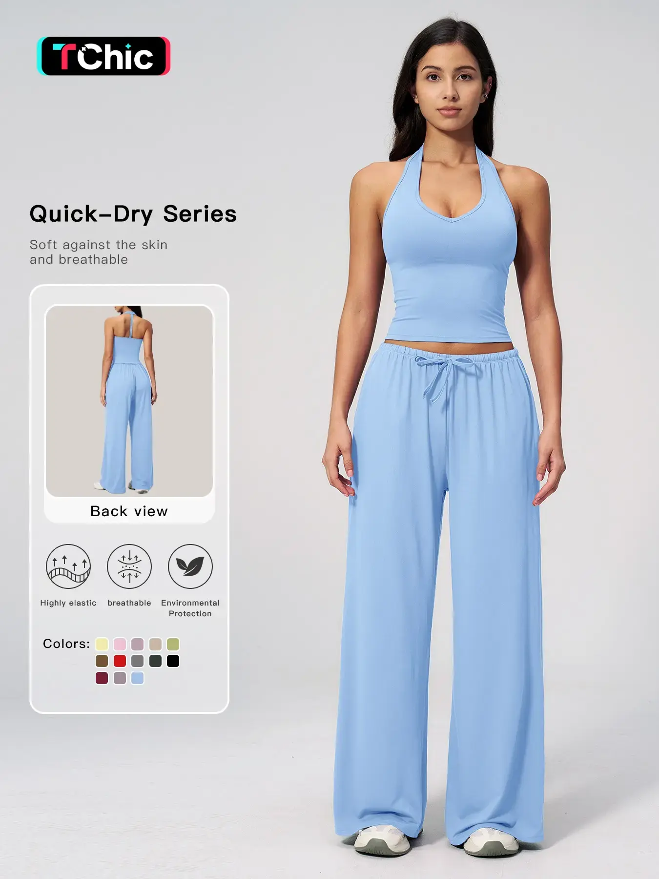 Women's Solid Halter Neck Top & Wide Leg Pants Sports Set, Casual Sleeveless Top & Pants for Daily Outdoor Wear, Ladies Sportswear for Tennis Running, Workout Clothes, Outdoor Sports Clothing, Athletic Sets
