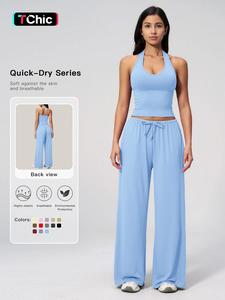 women's solid halter neck top & wide leg pants sports set, casual sleeveless top & pants for daily outdoor wear, ladies sportswear for tennis running, workout clothes, modern sportswear, yoga tracksuit set