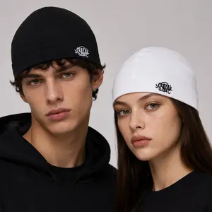 Unisex Y2K Embroidered Beanie Hat, Soft Stretch Knit Hat for Men and Women, Lightweight Fitted Streetwear Cap, Black and White