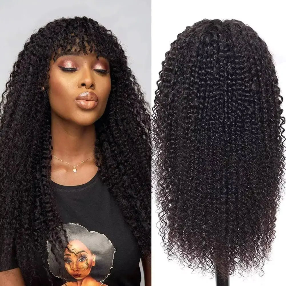 Glueless Human Hair Wig  Curly wig with Bangs Brazilian Virgin Human Hair No Lace Front Wigs for Women Wet and Wavy Human Hair Wig Natural Black Color Muaby Hair