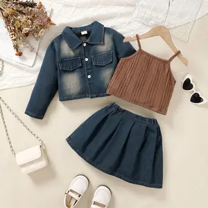 Ready Stock 4-7Y Girls 3 Piece Outfits Spring Autumn Music Fesitval Set Ribbed Tank Tops Retro Denim Coat Pleated Skirts Casual Sets For Party Activities 42407025