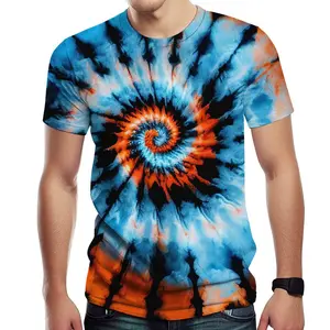 Unisex Tie-Dye Spiral T-Shirt, Vibrant Blue Orange Black Swirl Pattern, Casual Summer Festival Streetwear for Men & Women, Trendy Graphic Tee for Daily, Parties & Outdoor Events