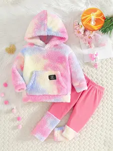 Girl's clothing, baby essentials, cute autumn/winter sets for girls, dreamy gradient plush style, hoodie + pants two-piece set, pink-blue-yellow gradient plush fabric + hood design, children's Easter gifts, suitable for daily play and outings
