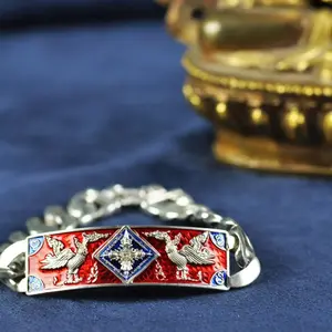 Lung Por Chan Nan Si Man Buddha Bracelet Enamel Thai Calendar Simple Fashion Red Enamel Design Silver Chain