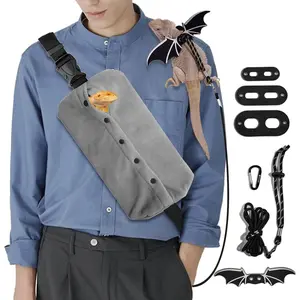 Adjustable Lizard Leash Bearded Dragon Harness Leather Cool Wings Training Leashes Reptile Carrier Bearded Dragon Sling Carrier (Black, Leash + Grey Sling)