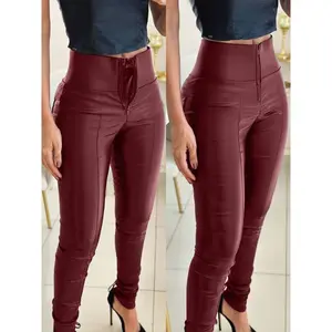 [Tummy Control Leather Pants] High-Waist Tummy Control Women's PU Leather Skinny Pants - Zipper Fly, Anti-Chafing Lining, Double-Layer Support, Red, Casual Style, Comfortable Fit Womenswear Bottom Fabric Spandex Basic Minimalist