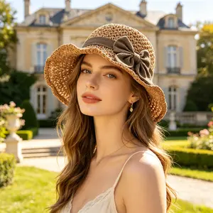 Versatile retro woven handmade straw hat with ruffled bow, elegant French sun hat, foldable, breathable travel beach hat.