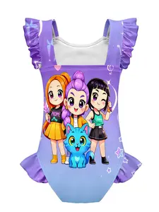 Chibi Idol Group & Blue Cat Gradient Ruffled Kids One-Piece Swimsuit (with Swim Cap) Swimming Suit
