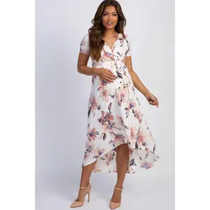 PinkBlush Ivory Watercolor Floral Hi-Low Maternity Wrap Dress