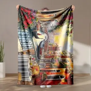 1 piece Venice's romantic canals and al fresco dining scenery themed flannel blanket - Flannel blanket with modern design, suitable for sofas and beds, all-season use, super soft and comfortable, digitally printed pattern, 100% polyester material