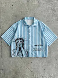 Men's Short Sleeve Striped Button-Down Shirt, Light Blue Vertical Stripes, Statue of Liberty Print, Y2K Streetwear, Casual