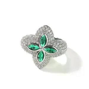 Bling Clover Flower Rings Micro Paved Out Green Cubic Zirconia Punk Ring Hiphop Jewelry For Men Women Party Gift