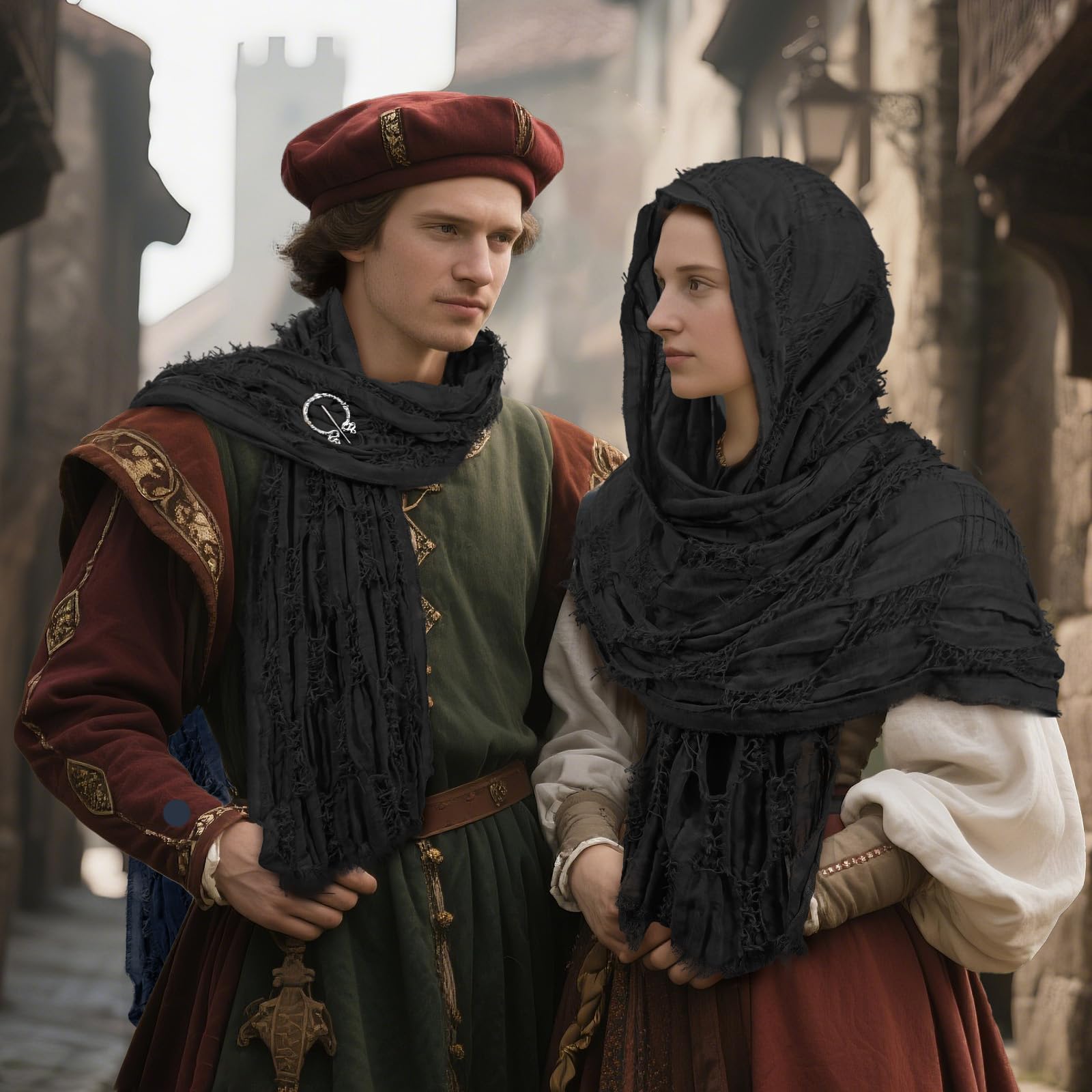 Medieval Renaissance Hooded Cloak Cape with Viking Brooch, Dune Wasteland Shawl Scarf, Post Apocalyptic Rogue Cowl, Arm Warmers Set for Halloween Costume, Streetwear Cosplay & Pop Culture Events Adjustable Waist Rechargeable Porch Goose Raincoat Umbrella