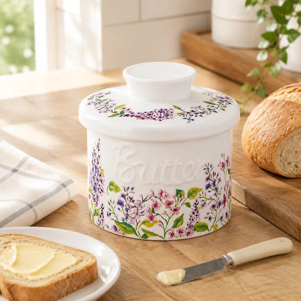 Ceramic Butter Keeper Crock with Water Seal Lid – French Butter Bell Style Butter Dish Keeps Butter Soft & Spreadable – Airtight Countertop Butter Storage Jar, Floral Kitchen Decor