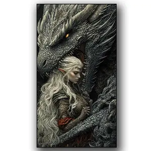 DIY Large Size Princess Dragon Diamond Painting Kit, Full Round Diamond Mosaic for Beginners, Aesthetic Home Decor Craft, Wall Art Painting